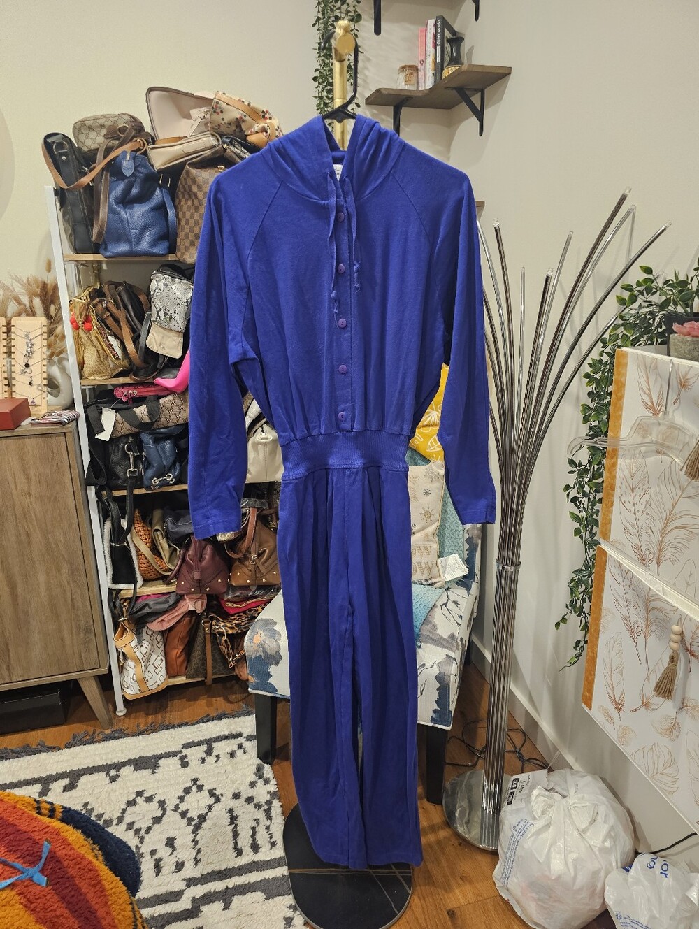 Vintage Royal Blue Hooded Jumpsuit